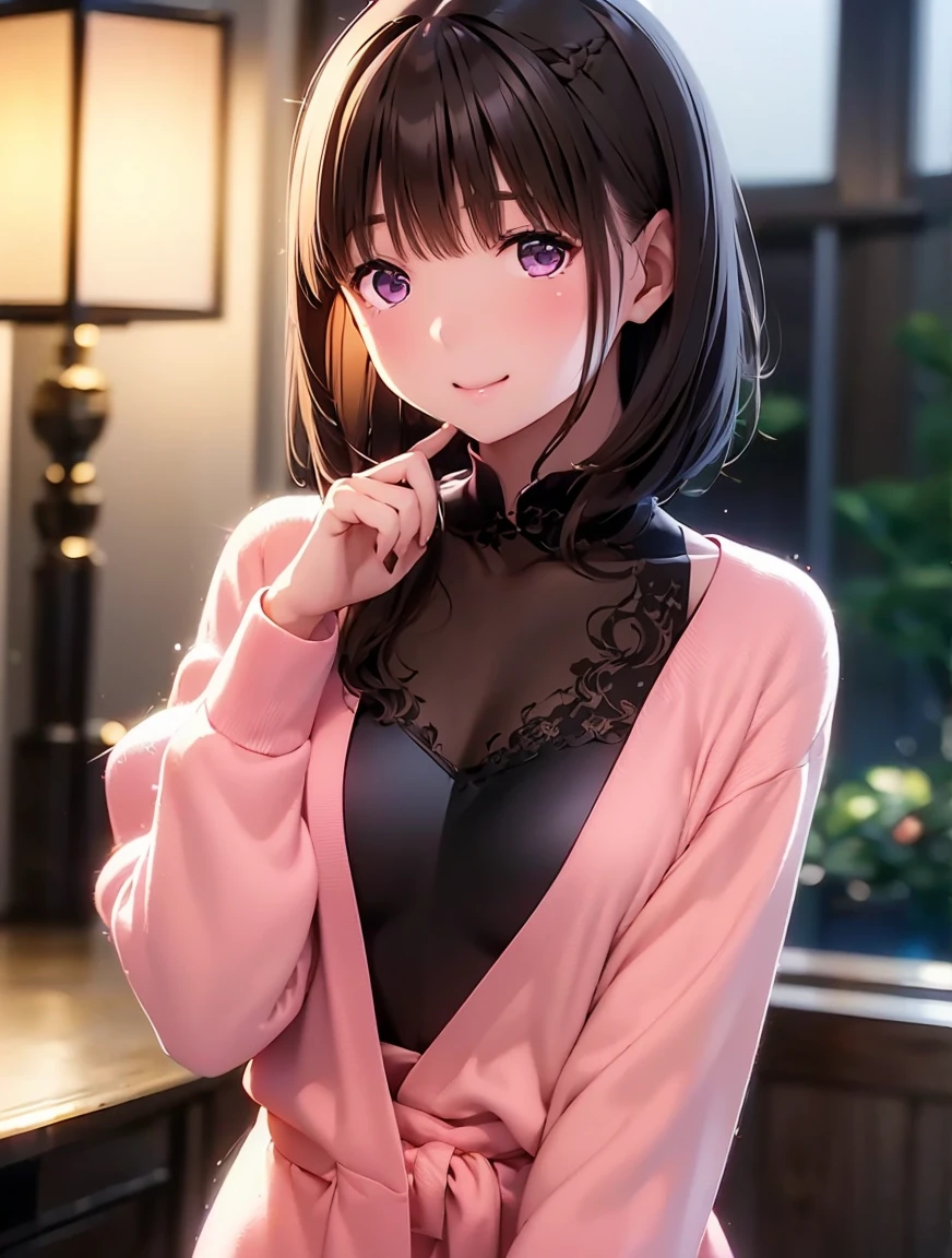   View in high resolution  ,In 8K,  best quality,  Details,Semi-realistic anime,  D Anime Style  ,  smooth animated CG  , Mischievous girl ,   19-year-old Japanese woman wearing a shirt  , slim,modeling,((Sparkling Eyes)),( shining maroon hair  ),  pink lips,  shiny brown hair ,  Detailsな顔,Beautiful and   Details,,((深い青紫色のSparkling Eyes)),(shut up.),(Laughter),((Black long sleeve ロングカーディガン)),(((Black long sleeve ))),((  light coffee pencil skirt)),(((Hairstyle with long bangs  )),((  undercut hairstyle )),((Night view )),((pier at night)),(( slimな身体)),(  camera ),(( return )),((振り向いて  camera ))