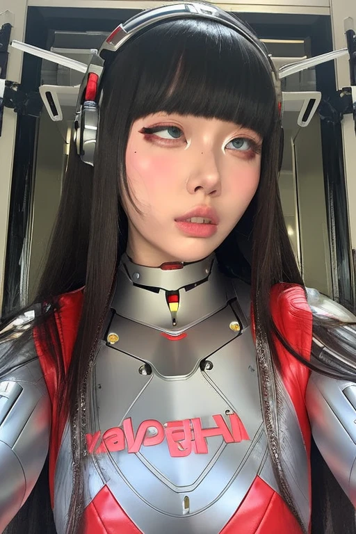 masterpiece, best quality, extremely detailed,portrait,upper body,front view,Japaese android girl,Plump, control panels,android,Droid,Mechanical Hand, Robot arms and legs,Blunt bangs,long tube,thick cable connected her neck,rolling eyes