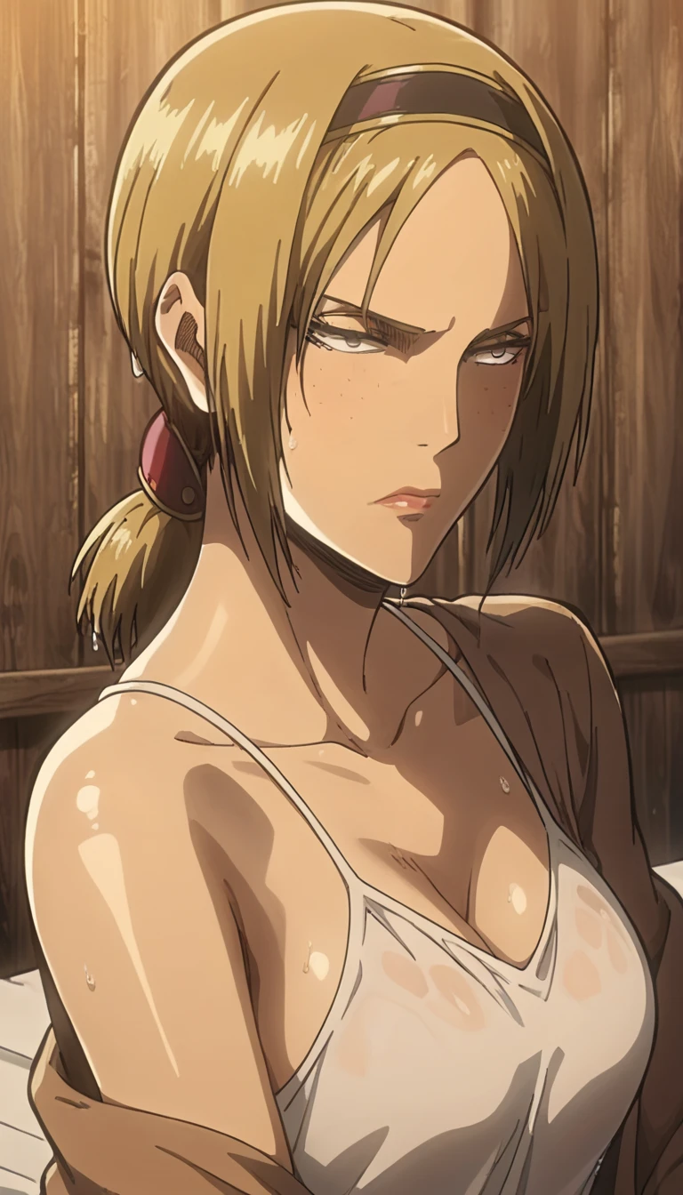 Ymir Fritz from attack on titan season 4, black headband, blonde, , serious deep eyes, wet, inside a bedroom, laying on a bed,Cowboy Shot,upper body ,Score_9, Score_8_up, Score_7_up, Score_6_up, Score_5_up, Score_4_up, Source_anime, Tag1, Tag2, Quality_masterpiece, Anatomically correct, Beautiful face, Perfect face, Highly detailed beautiful face and eyes, Attractive face, Detailed face, Delicate facial features, Detailed skin, medium breasts, Wide hips, medium butt, big butt, Thick thighs, Sensual woman, Mature female, Milf, Motherly, Seductive, 