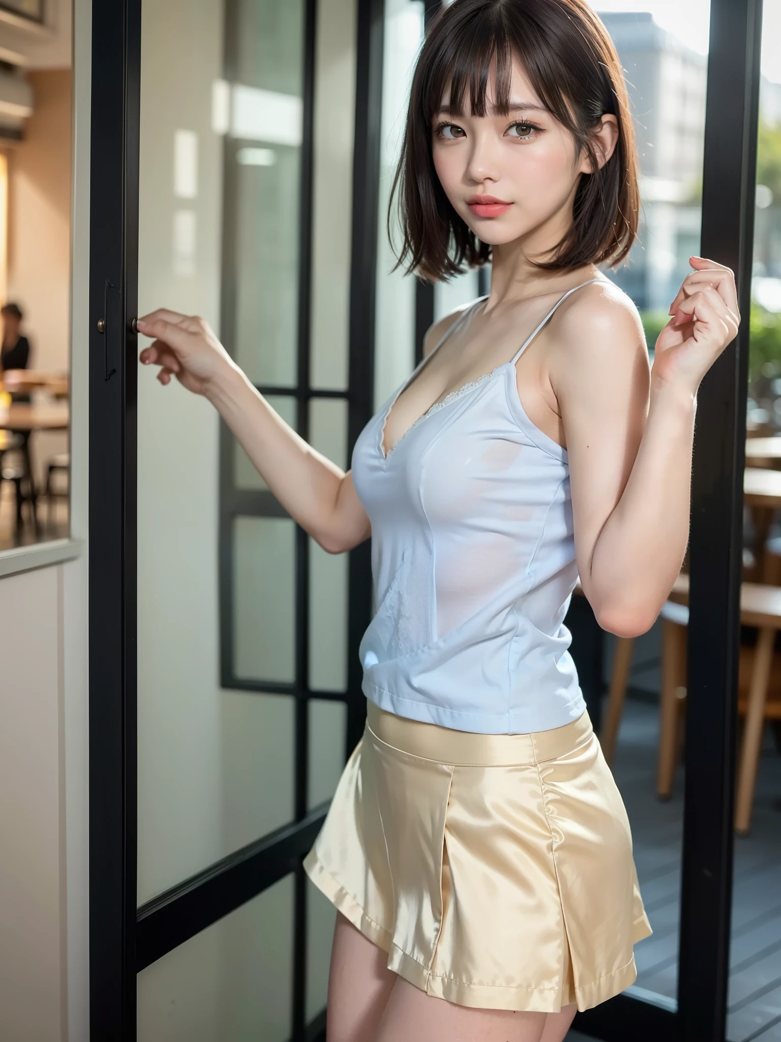 ((of the highest quality, 8K, masutepiece: 1.3, Raw photo)), Sharp Focus: 1.2, (1 AESPA Girl :1.1), Solo, (Realistic, Photorealistic: 1.37), (Face Focus: 1.1), Cute face, hyperdetailed face, (short messy hair: 1.2), Small Smile, Small breasts, flat chest, nude, (taking off her suit skirt: 1.2), chiffon panties, Thigh, cafe, bar, flower, lily