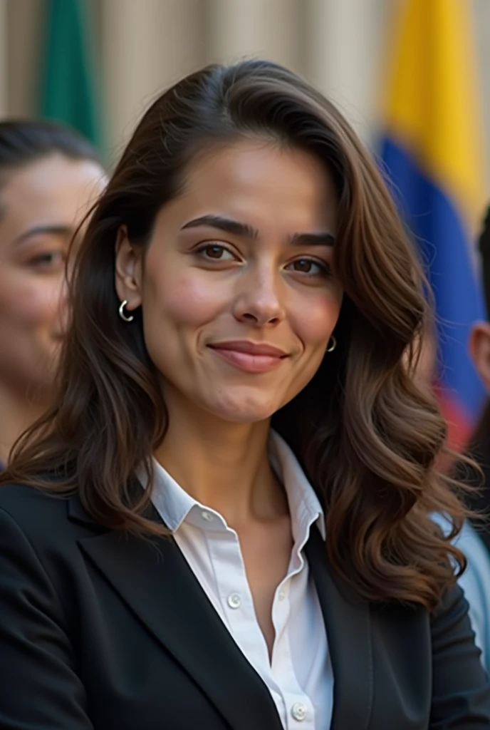 Beautiful 35-year-old Latina woman, vestida de agente de viajes, en aeropuerto, Looking straight at the camera, sonrisa amable, en plano cercano, con lentes y carpeta en mano