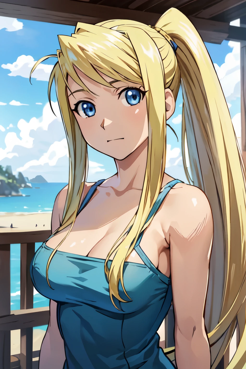 masterpiece, best quality, , 1girl, solo, looking at viewer, upper body, , , realistic, winry_rockbell, blonde hair, blue eyes, ponytail, , , The Island of Dreams: A place where all your deepest desires come true,((nude))((big tits))