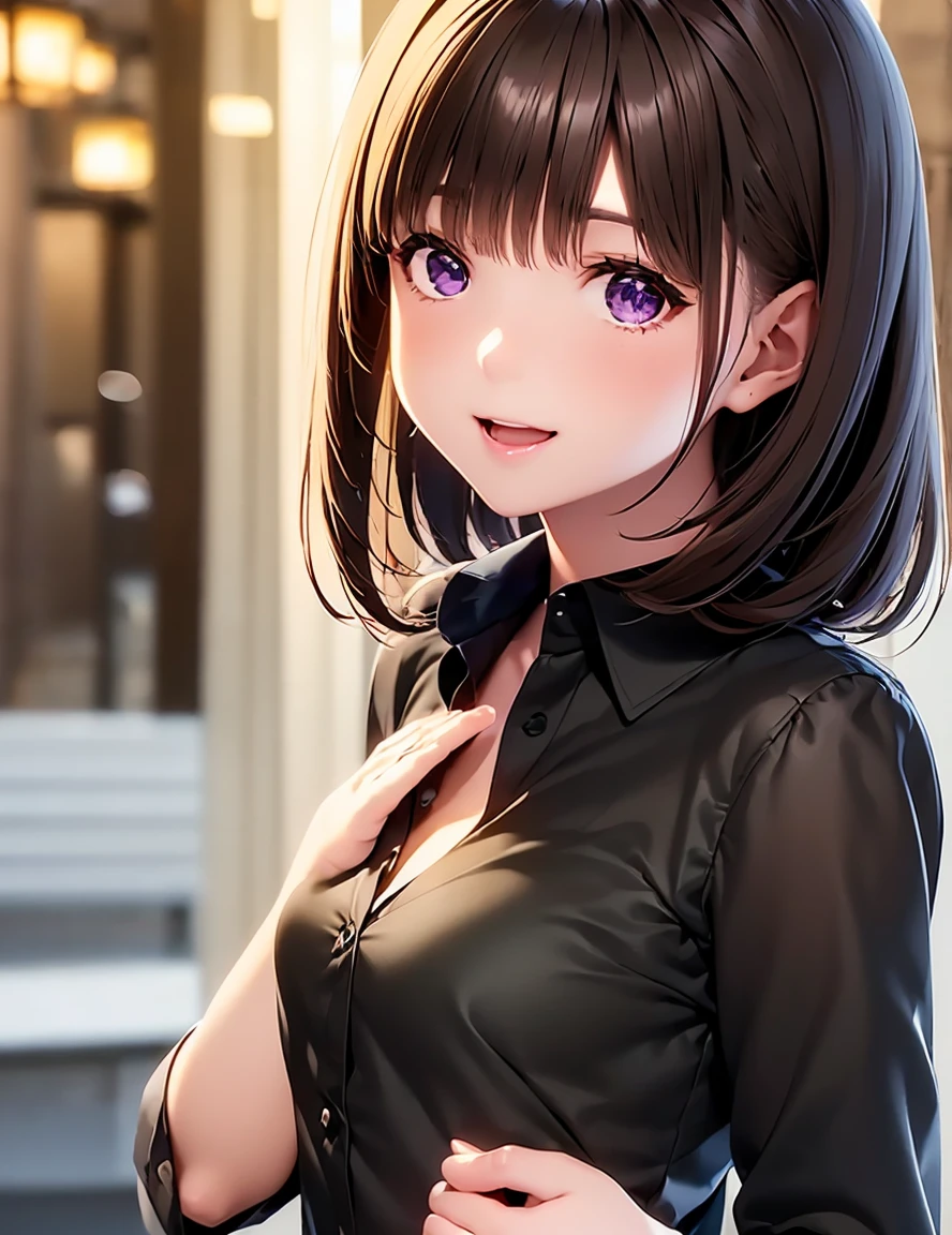    high definition   ,In 8K,  best quality ,  Details,Semi-realistic anime, D-anime style ,  Smooth Anime CG  ,  one girl who is at ease,   19-year-old Japanese woman wearing a shirt  ,  very cute  ,((Beauty)),  slim,modeling,((Sparkling Eyes)),((  Medium Hair )),((( black collared shirt  ))),  pink lips,  shiny brown hair ,  Detailsな顔,Beautiful and   Details,,((深い青紫色のSparkling Eyes)),(shut up.),(Laughter),((  jacket)),(  shirt with open chest ),(( beautiful jade bokeh background ))