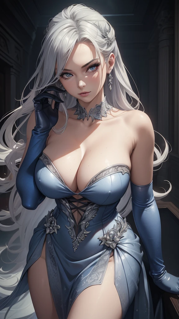 ((best quality)), ((masterpiece)), ((highly detailed)), ((ultra realistic)), sexy girl, beautiful silver-blue sexy strapless sleeveless dress, cleavage, long gloves, medium firm breasts, rich, evil, boss lady, stylish long hair, attractive, alluring, sensual, pretty, stunning.