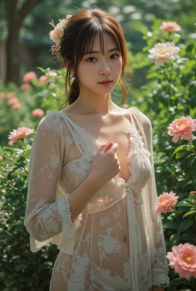 parfect anatomy、one girls、Very delicate and beautiful woman、short-hair、lying in a beautiful flower field、Lying on your back、robe blanche、colorful flower、artistic、top-quality、ultra-detailliert、masuter piece、8k、Captured from above、Professional Photographer、50mmlens
