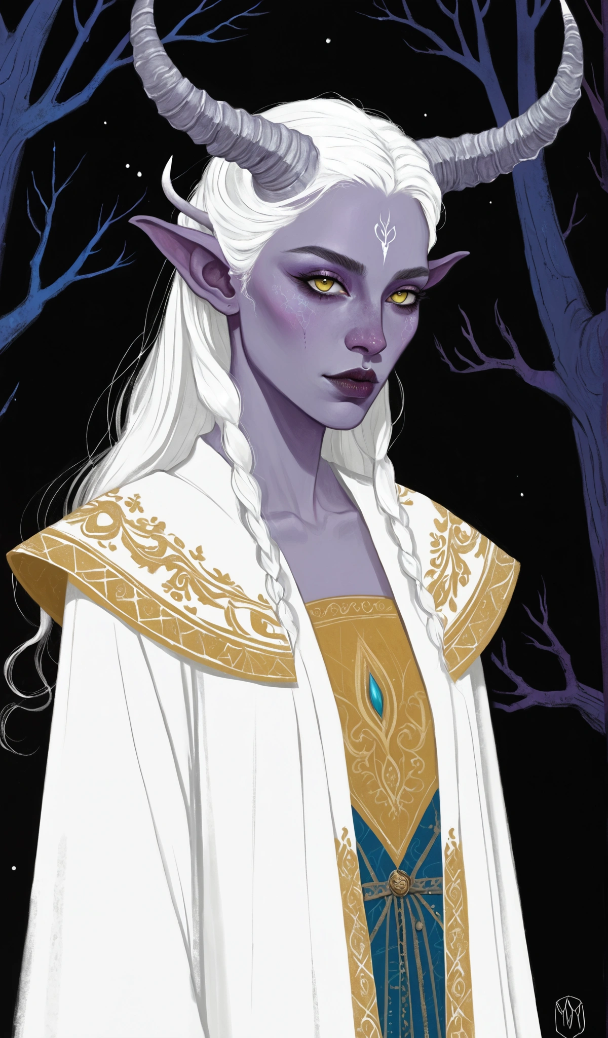 there is a drawing of a woman, tiefling woman, demonic horns, purple skin, half body portrait, standing in a black background with blue trees: 1.5, long straight white hair:1.5, yellow eyes:1.5, vibrant medieval dress, hyper detailed hands, a digital painting inspired by Will Barnet, by Magalli Villaneneu, tumblr, Digital Art, solo portrait 🎨🖌️,  calm style, Digital Art