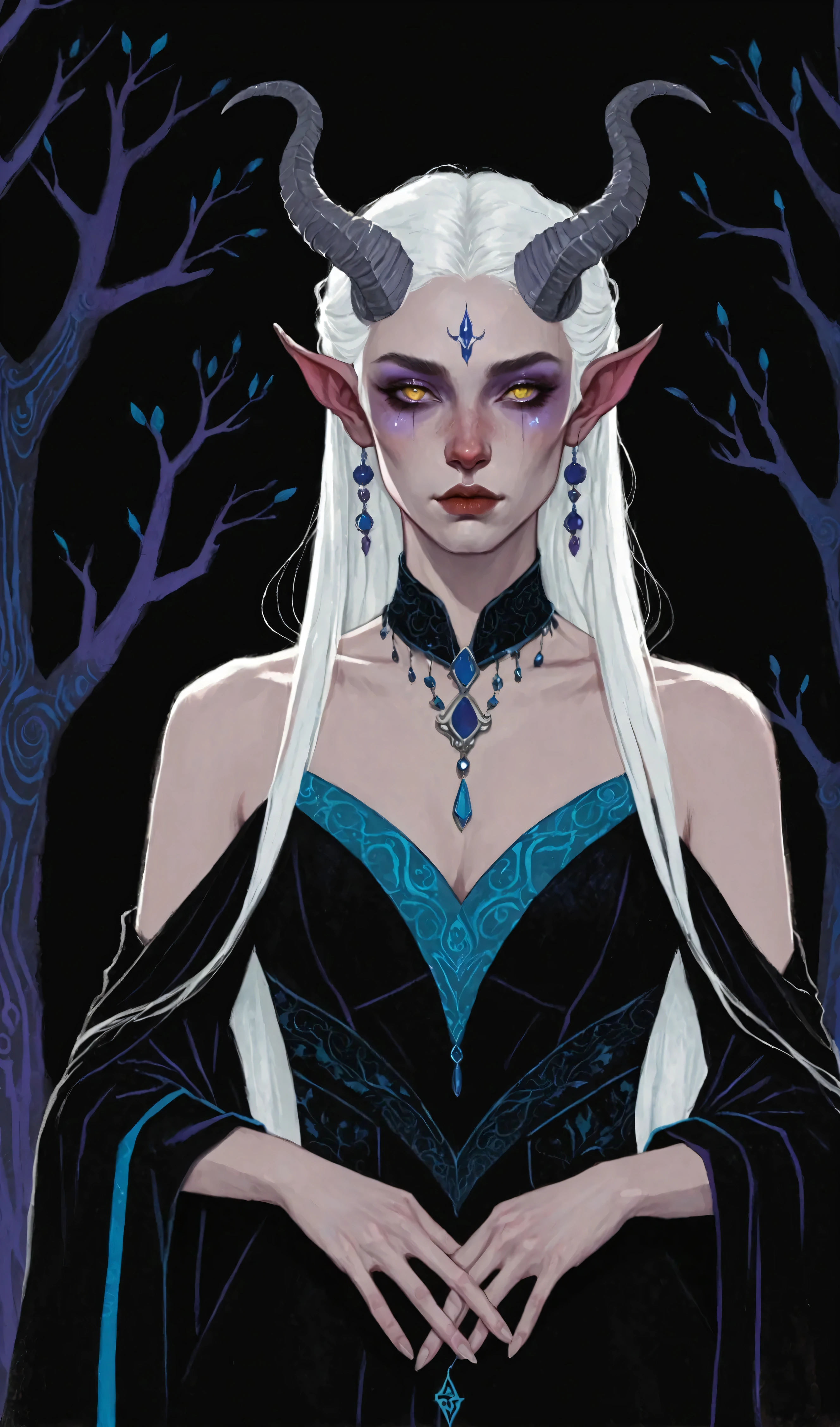 there is a drawing of a woman, tiefling woman, demonic horns, purple skin, half body portrait, standing in a black background with blue trees: 1.5, long straight white hair:1.5, yellow eyes:1.5, vibrant medieval dress, hyper detailed hands, a digital painting inspired by Will Barnet, by Magalli Villaneneu, tumblr, Digital Art, solo portrait 🎨🖌️,  calm style, Digital Art