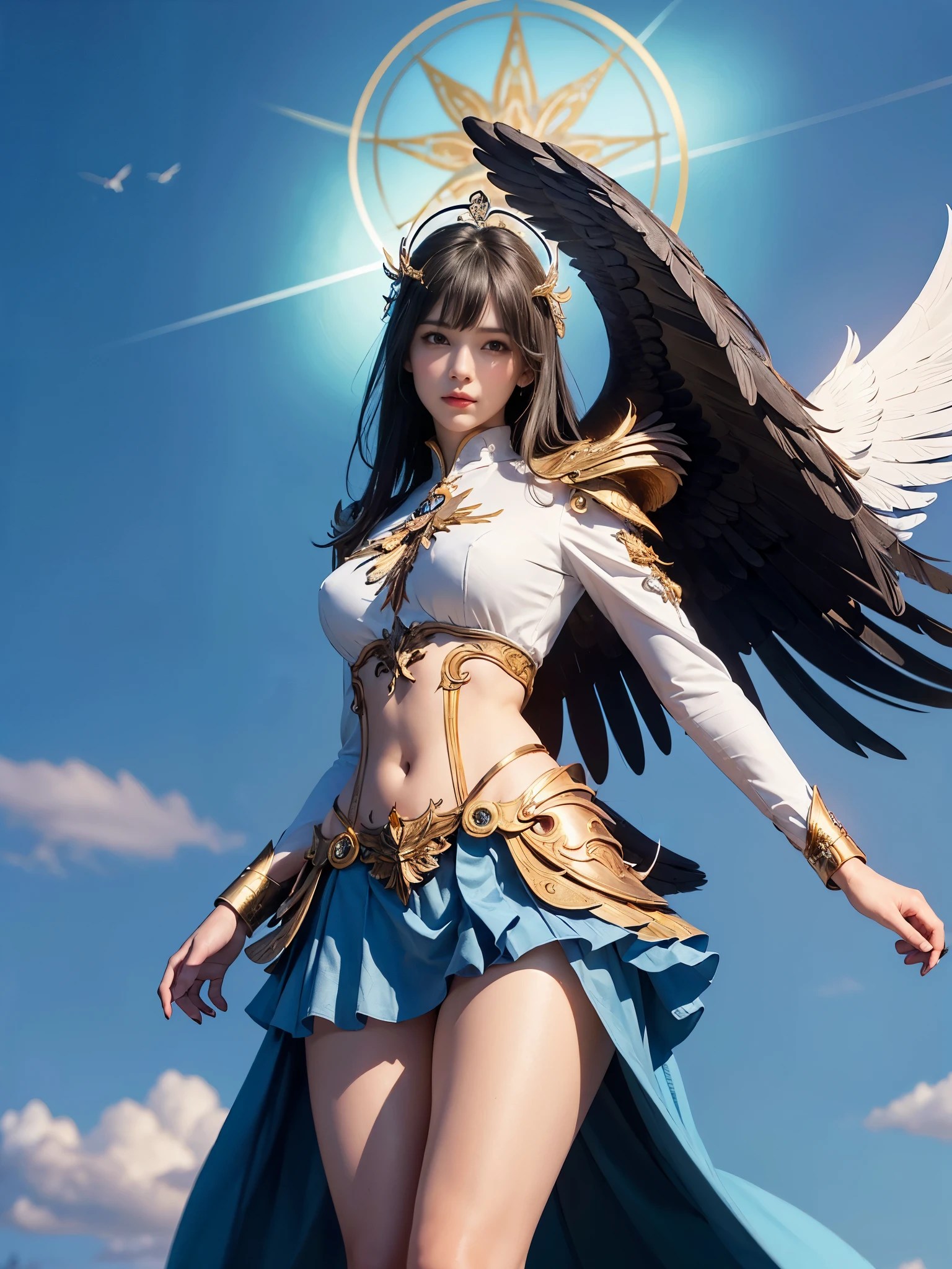 (masterpiece, highest quality, Realistic photos), ((Angel floating in the air;1.4)), A very cute Japanese woman, A complex copper and brass mechanical armor with a Hawk and eagle motif., Beautiful big angel wings, (The wings are symmetrically paired;1.5), ((Carrying an aura of bright blue flame)), White tone, A little bit of blue and red and yellow accents, Angel falling from the sky, floating in the sky, Extremely intricate details, Posing on the medieval castle walls at sunset, Long Shot, narrow body, hourglass body, medium breasts, thin waist, flat belly, Thin and beautiful thighs, beautiful legs,
