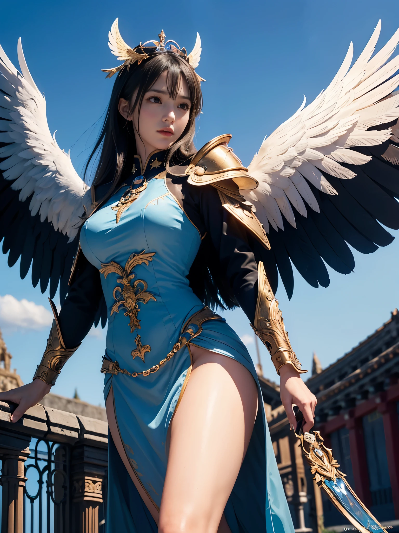 (masterpiece, highest quality, Realistic photos), ((Angel floating in the air;1.4)), A very cute Japanese woman, A complex copper and brass mechanical armor with a Hawk and eagle motif., Beautiful big angel wings, (The wings are symmetrically paired;1.5), ((Carrying an aura of bright blue flame)), White tone, A little bit of blue and red and yellow accents, Angel falling from the sky, floating in the sky, Extremely intricate details, Posing on the medieval castle walls at sunset, Long Shot, narrow body, hourglass body, medium breasts, thin waist, flat belly, Thin and beautiful thighs, beautiful legs,
