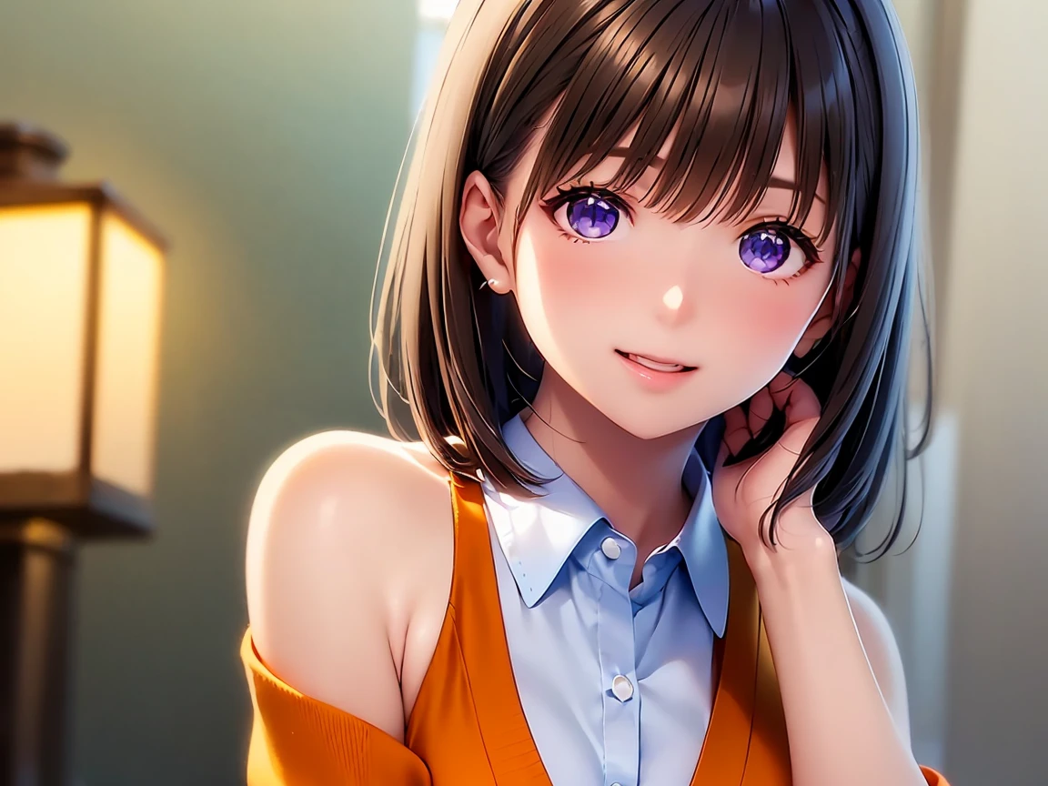    high definition   ,In 8K,  best quality ,  Details,Semi-realistic anime, D-anime style ,  Smooth Anime CG  ,  one girl who is at ease,   19-year-old Japanese woman wearing a shirt  ,  very cute  ,((Beauty)),  slim,modeling,((Sparkling Eyes)),((  Medium Hair )),(((Orange collared shirt  ))),  pink lips,  shiny brown hair ,  Detailsな顔,Beautiful and   Details,,((深い青紫色のSparkling Eyes)),(shut up.),(Laughter),(( put a light cream cardigan over your shoulders)),(  shirt with open chest ),(( beautiful jade bokeh background ))