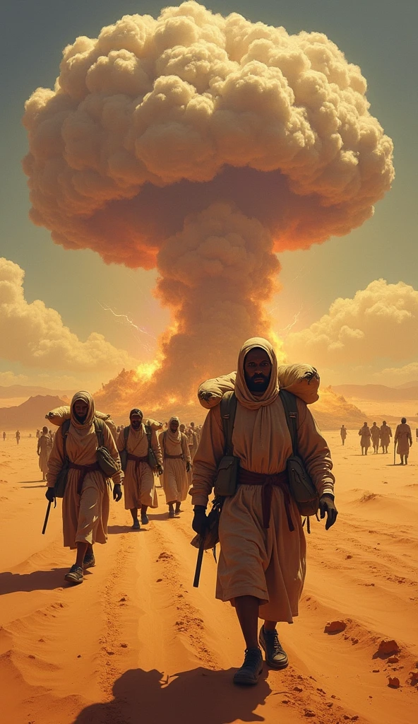 A rain of bombs fell amidst the sand, with debris littering the ruined landscape. Five massive atomic blasts erupted, accompanied by giant lightning bolts that split the sky. Red clouds billowed, and a tattered cloth bearing the image of Israel lay torn on the ground. Five Israeli women, their shirts ripped, and men, naked and with their heads in their hands, cried out in the dust. The remaining structures were reduced to rubble, dust swirling in the air. A bomber plane soared overhead.
