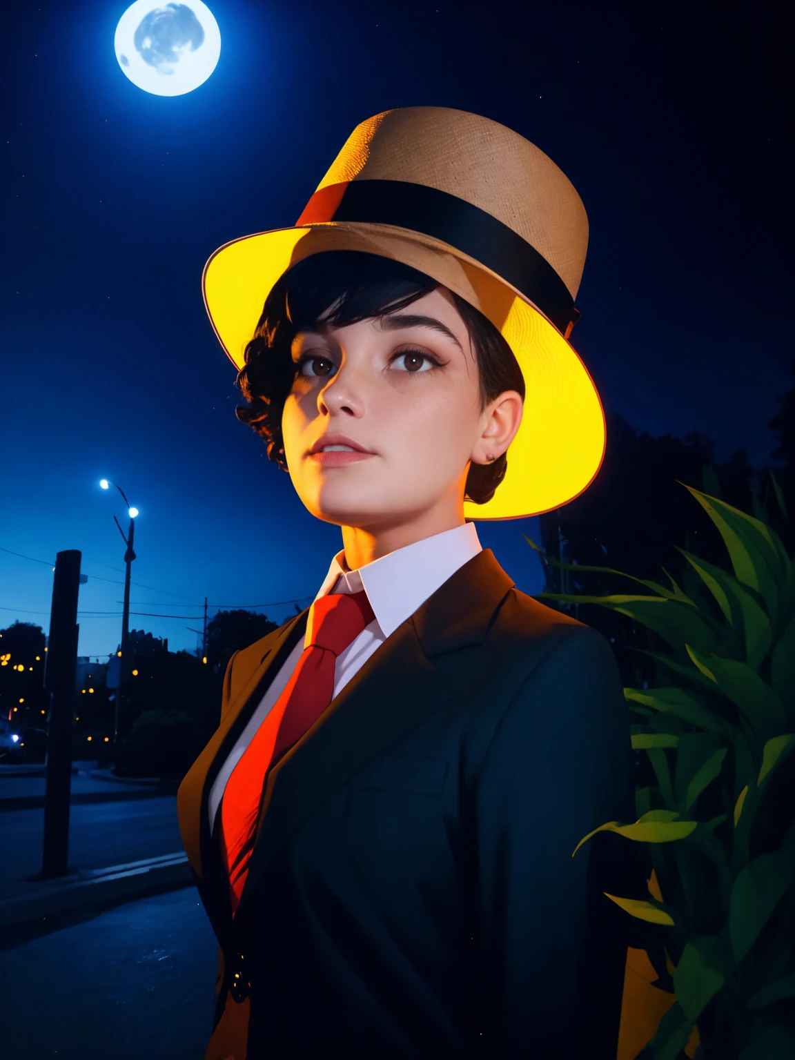  Create a black man in a black suit and hat with a red tie, do lado de fora,  make a woman in a black suit with red details and a hat . , At night. The image needs to create an air of mystery .
