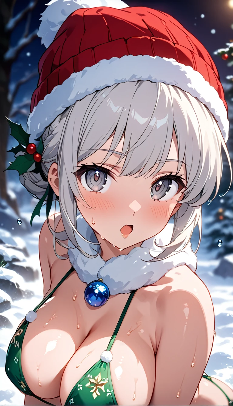  muffler 、Knitted hat、Snow Scene、Composition from below、moistened eyes、（ hollow eyes:1.3）,saliva、 Open your mouth( masterpiece:1.3),   dynamic pose  （a short hair:1.5）shiny skin, Delicate depiction,The feel of wet skin 、 bust up component  、 Subtle Embroidered Christmas Micro Bikinis  、Sweat droplets、髪の非常にDelicate depiction 、  concentrating on upper body  、  highlight big breasts 、  Delicate Embroidered Pastel Christmas Color Micro Bikinis、 very clear lingerie  、 light colored lingerie  、（  composition that captures the subject directly from below :1.9）、（  dynamic pose :1.5）、(masterpiece,  best quality),   VERY BEAUTIFUL,  absurd, extremely   Details CG unity 8k wallpaper,  Spanish illustration  , (  Details_face:1.2),   one girl who is at ease,  white hair up to the waist, , (Glamorous expression ),  gray eyes,  Anime Style 4k ,   ,    Anime Moe Art Style   ,   Anime Art Wallpaper 4K,  High quality anime art style ,     anime style portrait    ,   familiar with digital animation art  ,  anime art wallpaper 8k ,   cute anime girl portrait  ,whole body,    depth of field , Perfect hands, nice See alsos, 5_See also, 4_See also,1_親See also,