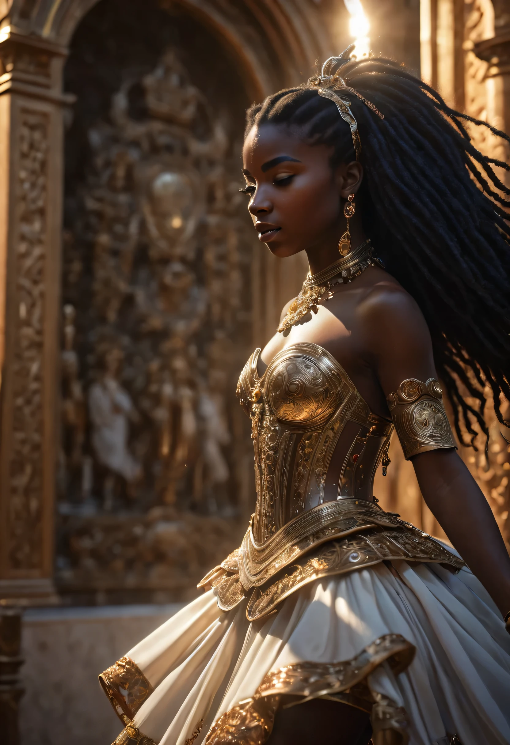 (masterpiece, best quality:1.5), highest quality, High resolution, super detailed, Realists, Upper body photo of a black sorceress, dark skin, detailed and beautiful eyes, beautiful detailed lips, very detailed eyes and face, longeyelashes, shiny satin dress, Holds a wand in his hand and performs a transformation spell (Magic wand present and glowing) Beautiful and colorful makeup, elegant and noble々The jewelry bag, Gardens as background, soft daylight, bright colors, fine brushstrokes, Portrait style, Silk dress fabric, beautiful color palette, glowing skin, First-class rendering, that captures every detail, enchanting atmosphere, subtle shadows and lights, (perfect anatomy:1.2), (The stunning sorceress transforms a dress) (eine Transformation):1.4), (magnificent panorama view:1.2)