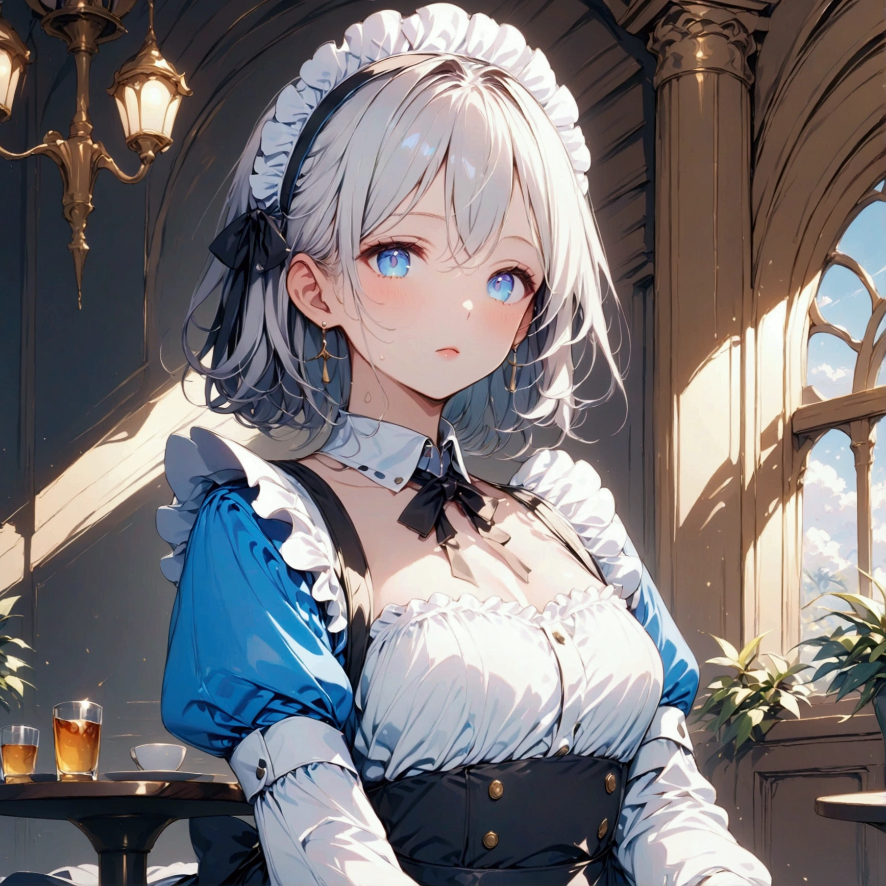 ( 1 girl),(最High image quality, 8k, masterpiece:1.3), (24 years old:1.5), ( Silver Hair), ( semi-long),  (Full body shot、Fair skin、 maid outfit 、 Long Sleeve 、blue beautiful eyes 、Waiter、Elegant、 long skirt)), ([Ultra Clear:1.5), ( shiny skin:1.1),(Pale skin:1.1),High image quality、 clear contours、