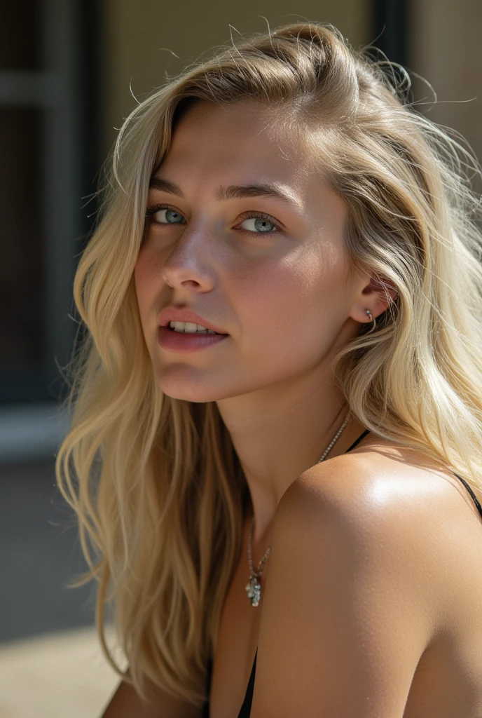Une fille blonde avec un très joli corps fin et une jolie poitrine, nue, totallement nue, sur une terrasse ensoleillée, éclairage parfait, bijoux, se maquiller, 24mm, textures 4k, regarder le spectateur, établir un contact visuel, ultra réaliste, 8k, reflex numérique.