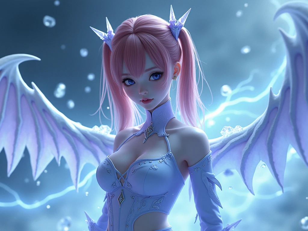 masterpiece, best quality, (Anime:1.4), pastel anime dragon girl, slime, wet look, shimmering lights, dragon in background, whirls of vapor, iridescent textures, dragon scales, dragon horns, dragon wings, translucent scales, soft neon pink light, ethereal ambiance, delicate details, magical atmosphere
