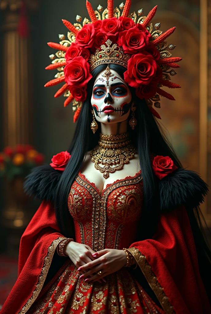 a close up of a statue of a woman with a red headdress, cinematic goddess close shot, Close-up portrait goddess skull, goddess close-up portrait, beautiful intricate face, detailed beautfiul face, Gorgeous Role Play, hyper-detailed fantasy character, extremely detailed goddess shot, detailed matte fantasy portrait, Beautiful detailed face, beautiful face detail