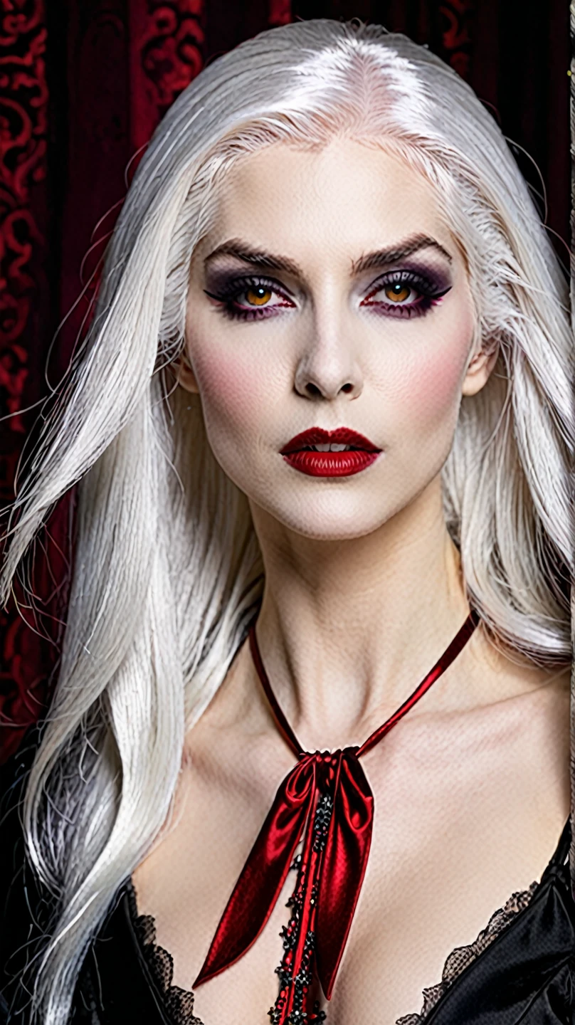 gothic vampire girl, curvilinear,White skin,silver hair,crimson red eyes, Red lips,Elegant, refined, seductive red and black clothing ,special detailed ultra realistic volumetric defined,8K high resolution