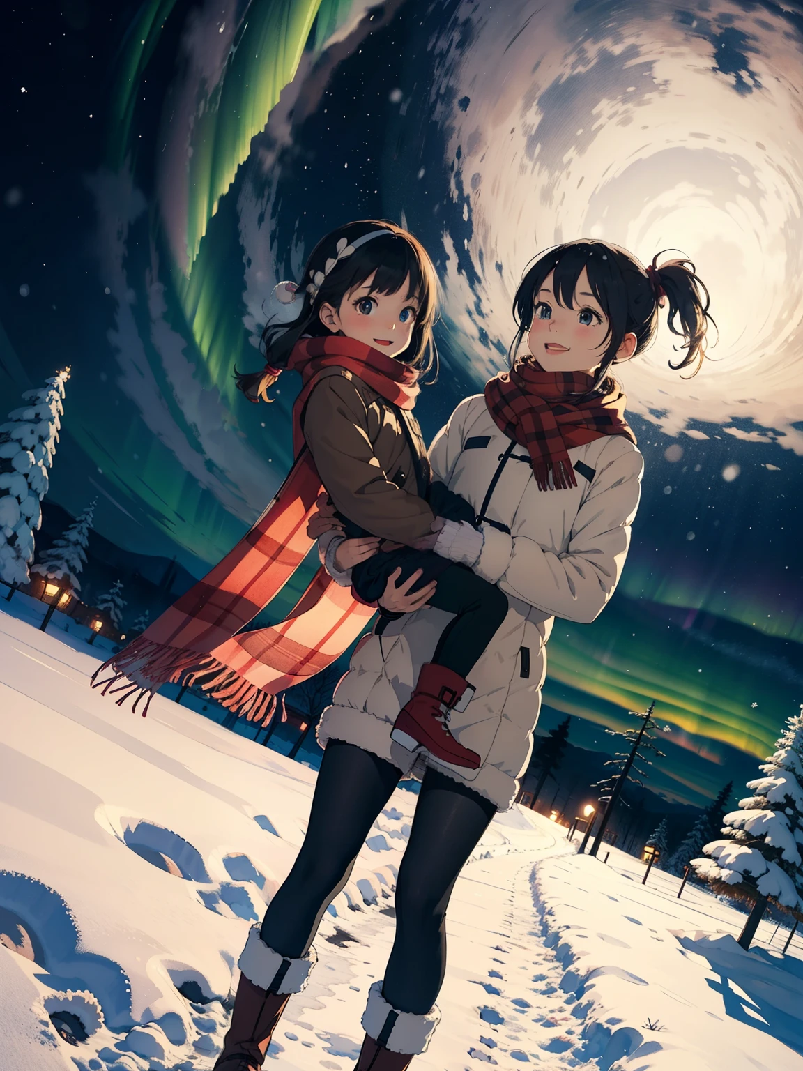 masterpiece， best quality，High image quality，( super flat， Flat Shading )， fisheye lens， beautiful petite trained young mother and her very cute little training daughter:1.25，  warm scarf，Christmas anime style outfit ，(naked)，Long Hair，  boots，smile, smile，White Breath:1.2，fun, play, winter, snow, 新snow，At dusk， beautiful sunset ， Aurora，Wide angle,     bright color , watercolor, Ghibli Style，Strong winds，    girl&#39;Lure，