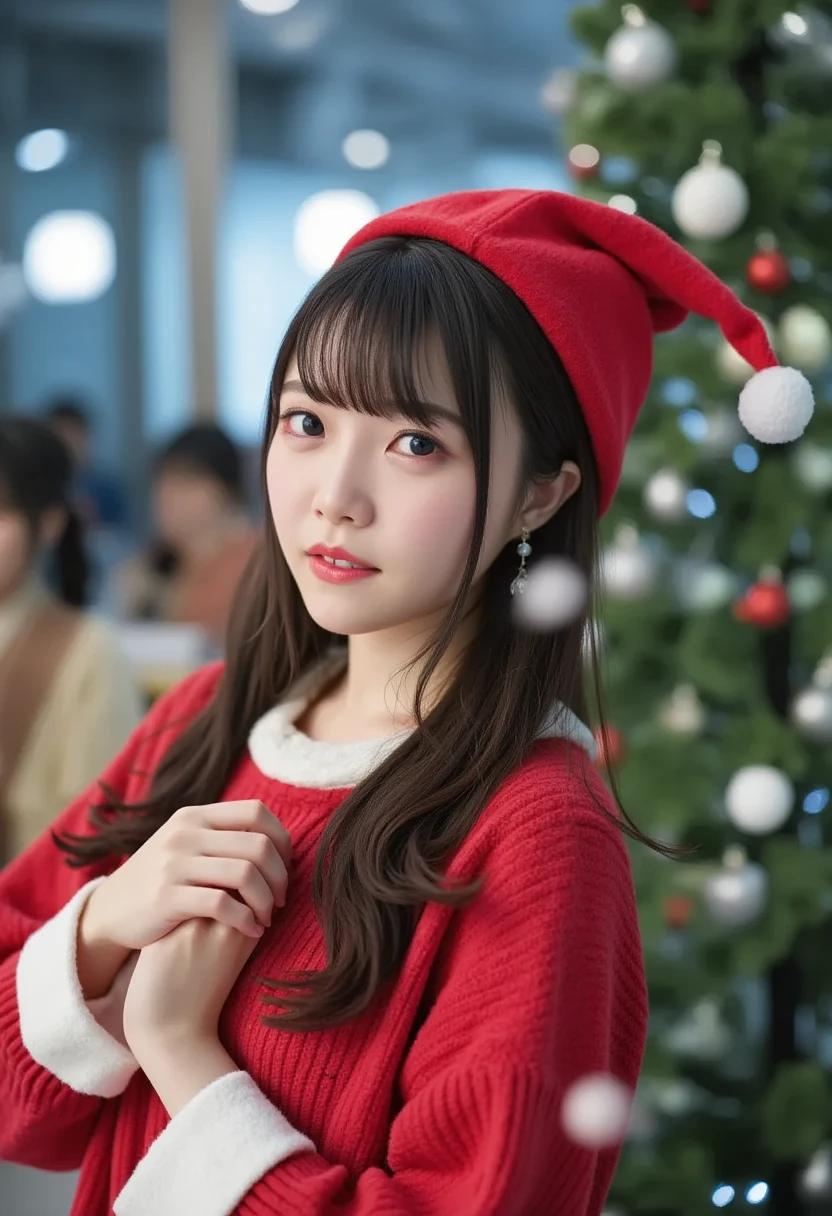   1 girl, Alone, 4K HDR, Realistic,    super detailed ,   natural light,   long hair wearing a Santa Claus costume ,   Christmas themed background wearing Christmas clothes、Snow falls in the dark  , Partly cloudy , ((photoRealistic:1.4)),   asymmetrical wavy long hair, (Oily skin details,   medium breasts:0.8), (  detailed face  ), (  detailed background :1.1),  upper body,    wear a Santa Claus hat that illuminates the area  ,