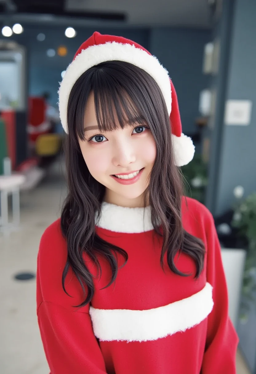   1 girl, Alone, 4K HDR, Realistic,    super detailed ,   natural light,   long hair wearing a Santa Claus costume ,   Christmas themed background wearing Christmas clothes、Snow falls in the dark  , Partly cloudy , ((photoRealistic:1.4)),   asymmetrical wavy long hair, (Oily skin details,   medium breasts:0.8), (  detailed face  ), (  detailed background :1.1),  upper body,    wear a Santa Claus hat that illuminates the area  ,