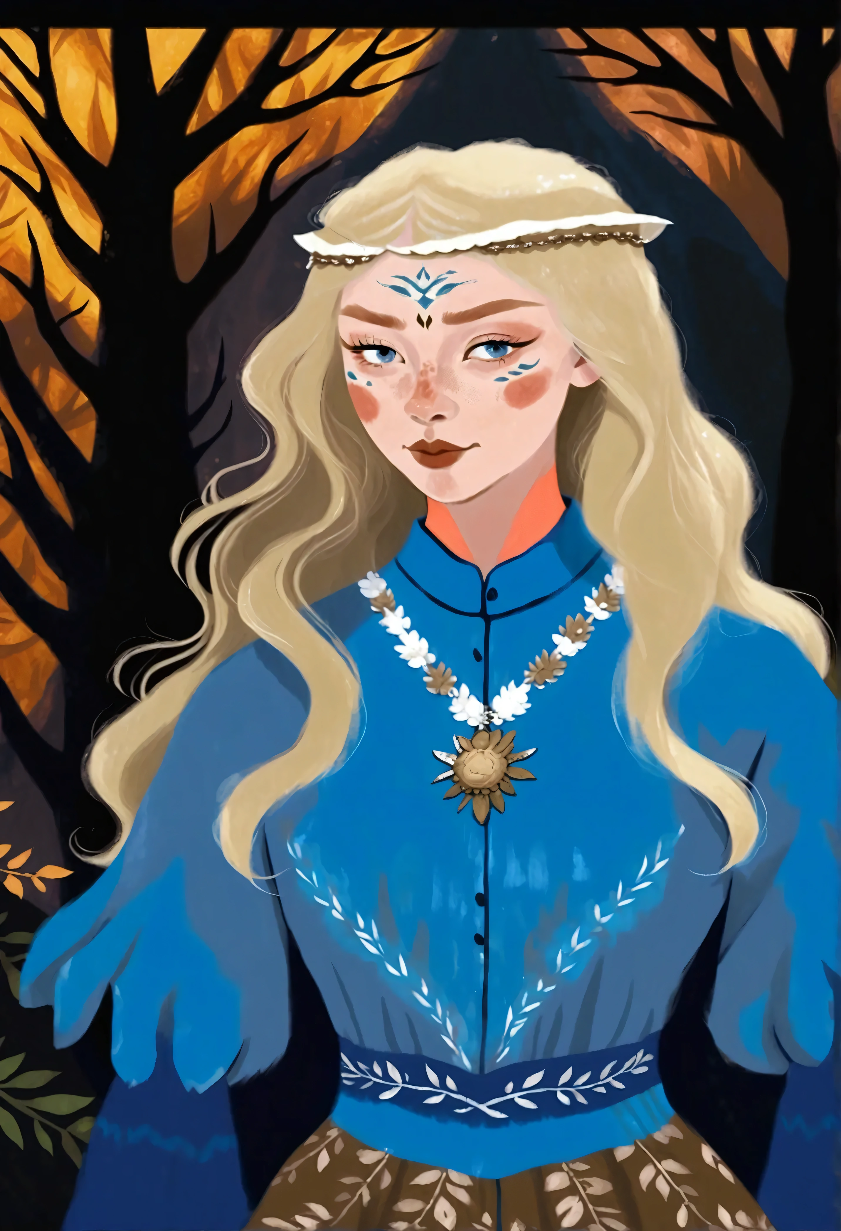 there is a drawing of a woman, purple skin, half body portrait, standing in a black background with blue trees: 1.5, long straight white hair:1.5, brown eyes:1.5, vibrant medieval dress, hyper detailed hands, a digital painting inspired by Will Barnet, by Magalli Villaneneu, tumblr, Digital Art, solo portrait 🎨🖌️, calm style, Digital Art