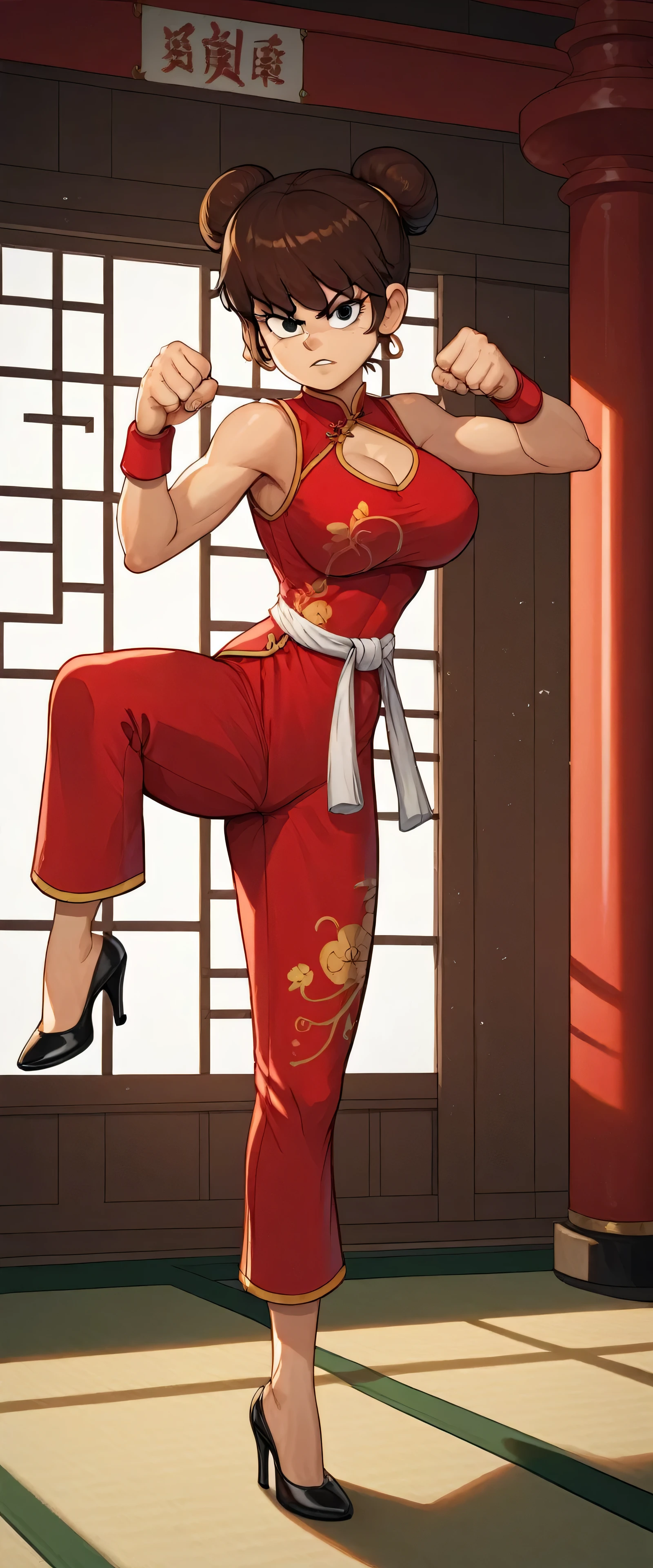 lynn loud, 1girl, solo, 24yo girl, large breasts, red cheongsam, inside of a chinese temple, looking at viewer, brunette hair, two hair buns , hands  score_9, score_8_up, score_7_up, high heels, teep fighting stance,martial arts, chest window