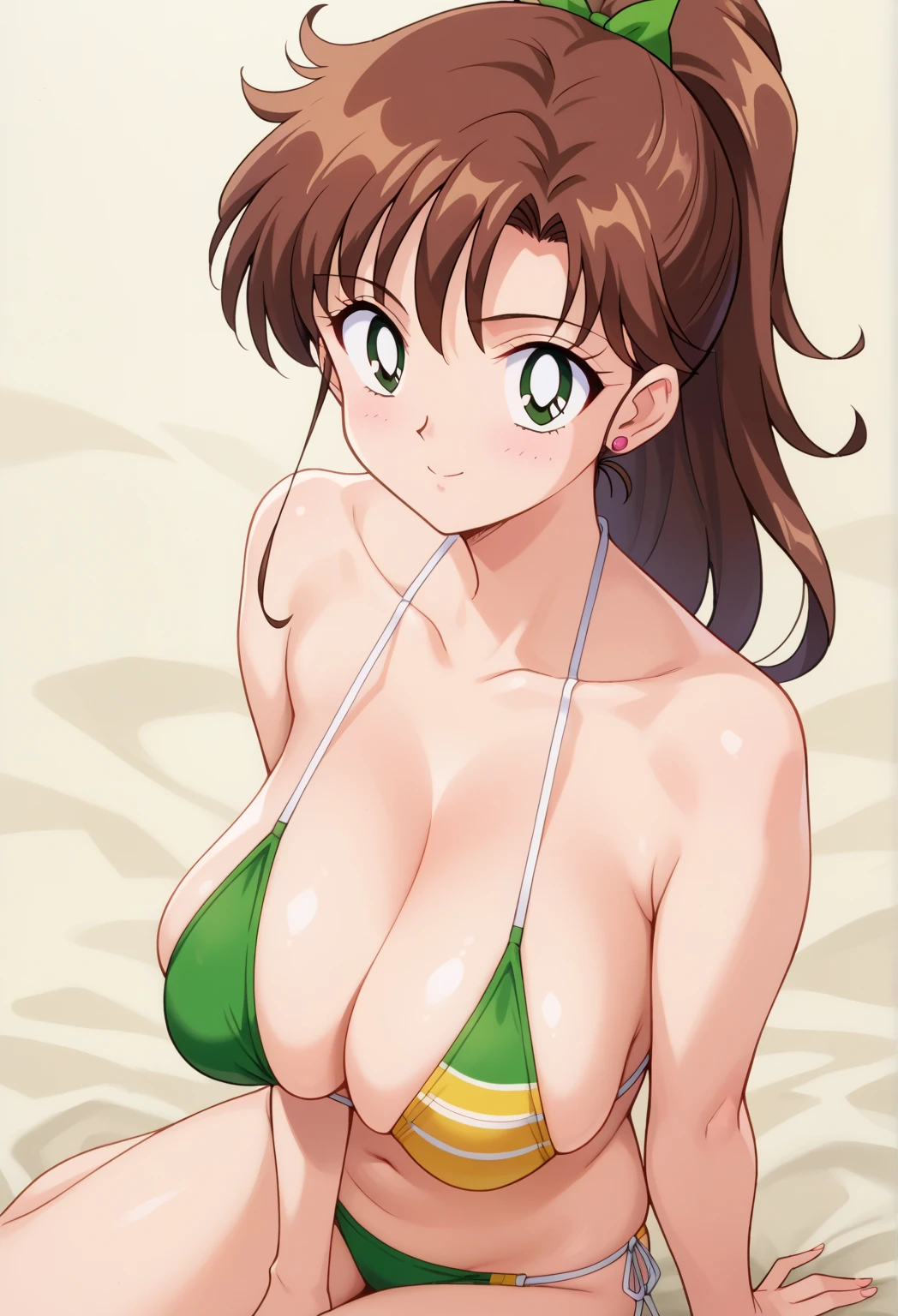 score_9, score_8_up, score_7_up,source_anime, best quality, masterpiece, full detailed, clear skin, high res, cinematic light, (masterpiece), best quality, perfect face, beautiful woman, perfect body shape, score_6_up, score_5_up, 1girl, solo, cute face, 
aajupiter, slrmn, kino makoto, Brown hair, long hair, ponytail, sagging large breast, bikini,
looking at viewer, 