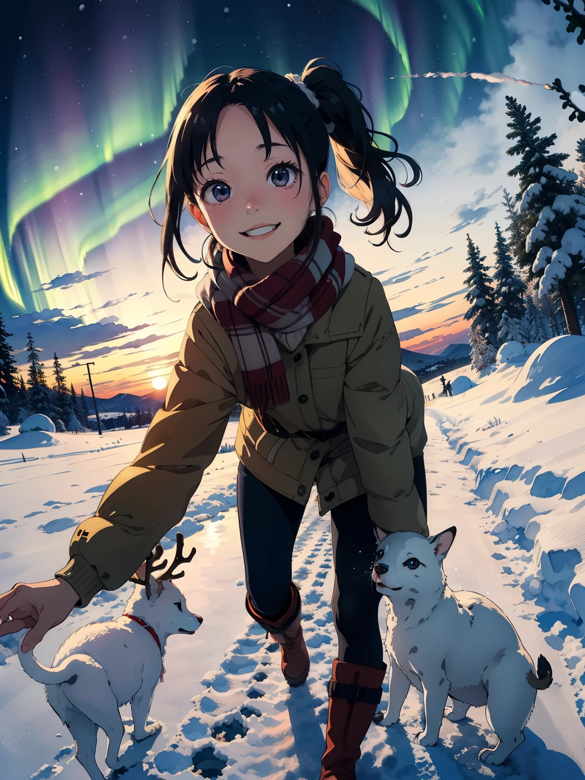 masterpiece， best quality，High image quality，( super flat， Flat Shading )， fisheye lens， beautiful petite trained young mother and her very cute little training daughter:1.25，  warm scarf，Christmas anime style outfit ，(naked)，Long Hair，  boots，smile, smile，White Breath:1.2，fun, play, winter, snow, 新snow，At dusk， beautiful sunset ， Aurora，Wide angle,     bright color , watercolor, Ghibli Style，Strong winds，    girl&#39;Lure，