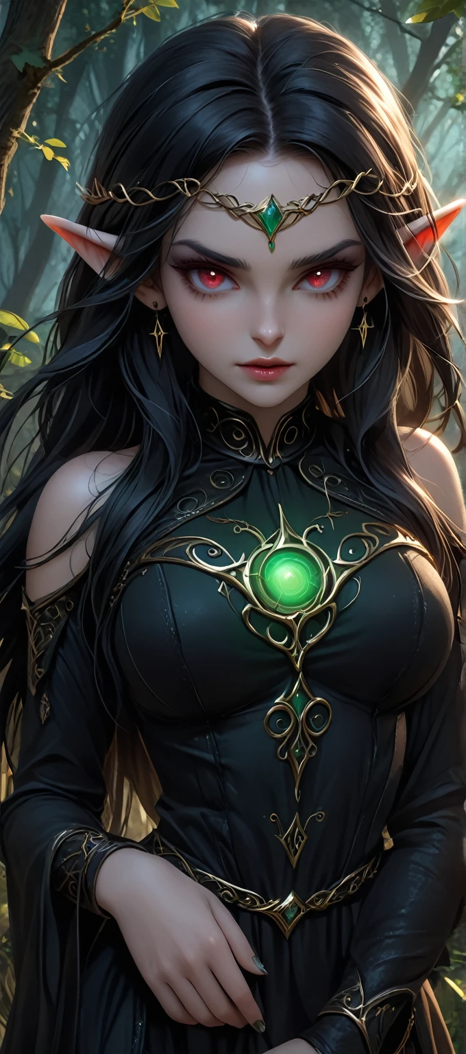 Aelina the Dark, an elf of shadows, is a mysterious and beautiful figure with pale skin, deep crimson eyes, and long, flowing black hair. Descendant of an ancient elven line that dwelled in the darkest depths of forests, she possesses unique abilities such as night vision and shadow manipulation. Aelina moves with quiet grace and has piercing eyes that seem to see into one's soul. She is independent and loyal to her kin, preferring solitude and the darkness of night. She dresses in simple black garments adorned with ancient elven symbols, exuding an aura of mystery and power، (full body:1.9).