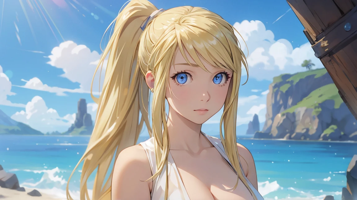 masterpiece, best quality, , 1girl, solo, looking at viewer, upper body, , , realistic, winry_rockbell, blonde hair, blue eyes, ponytail, , , The Island of Dreams: A place where all your deepest desires come true,((sexy))((big tits))