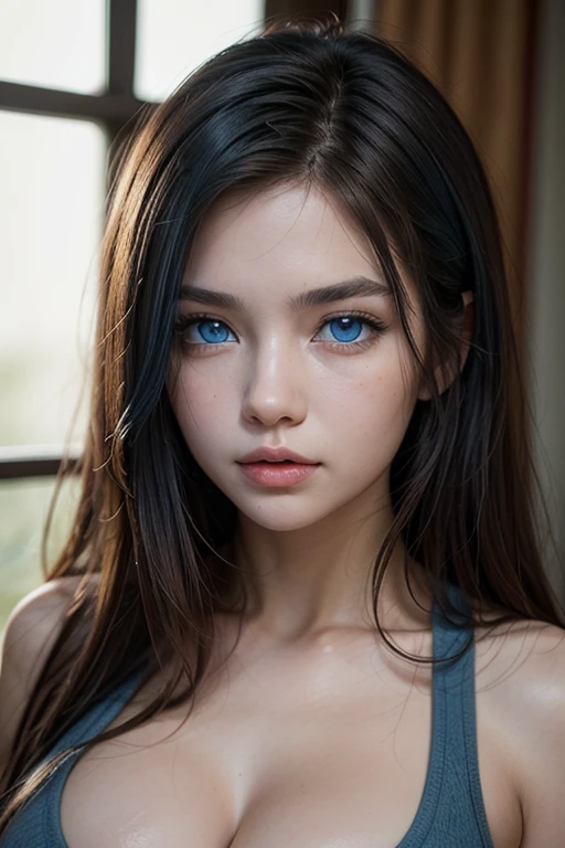  masterpiece , 
1girl,  face, 
 (brown eyes:1.3)( blue eyes :1.7), Large breasts ,neckline