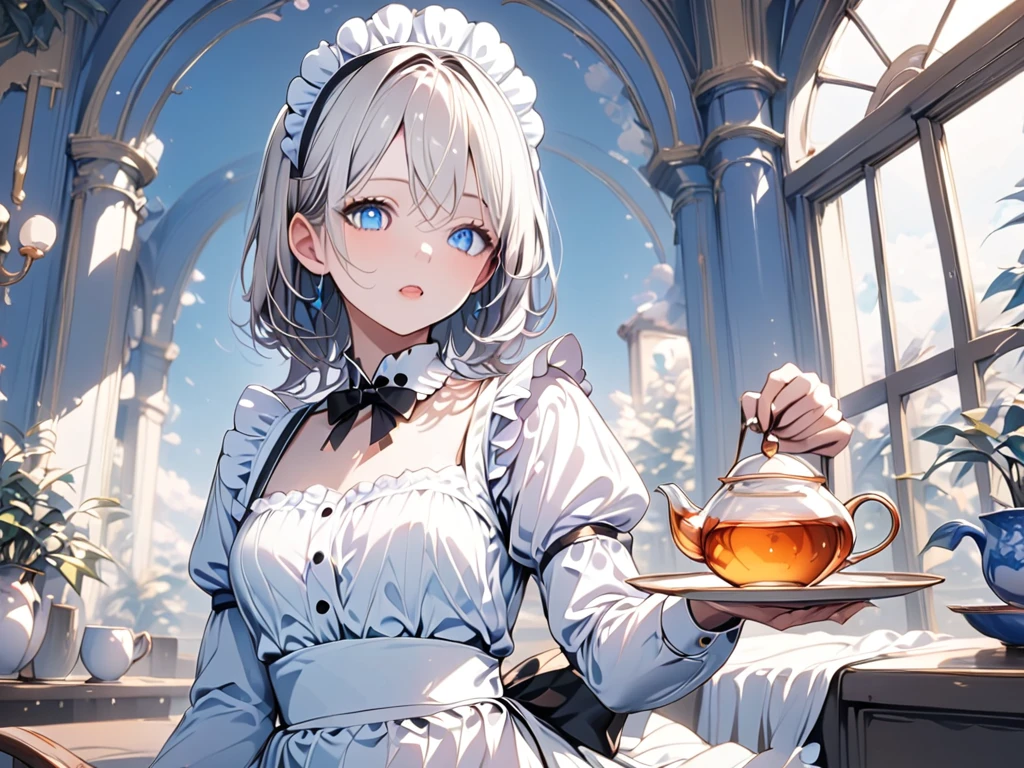 ( 1 girl),(最High image quality, 8k, masterpiece:1.3), (24 years old:1.5), ( Silver Hair), ( semi-long),  (Full body shot、Fair skin、 maid outfit 、 Long Sleeve 、blue beautiful eyes 、Waiter、Elegant、 long skirt、Pour in the tea)), ([Ultra Clear:1.5), ( shiny skin:1.1),(Pale skin:1.1),High image quality、 clear contours、