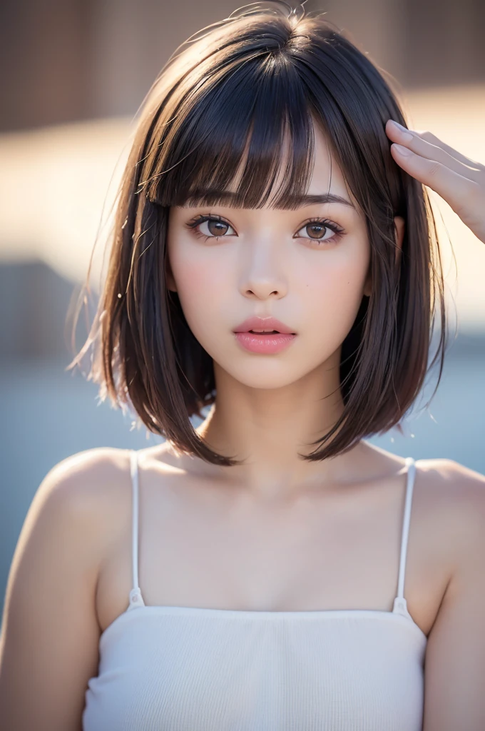 whole body、 best quality,  realistic, 8k,  high definition ,  1 girl , woman, (Short Bob P: 1.8, Parted bangs: 1.6),  Watch Viewers, ( 1 girl 's EyesViewer: 1.6),  realistic, (Bokeh), ( floating hair , lips,  mouth on the palm of your hand: 1.43),