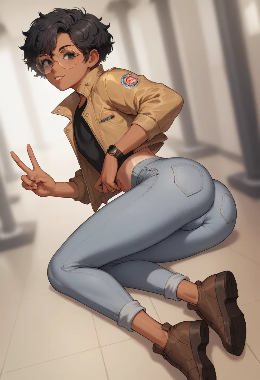  masterpiece,  better quality , Artist bdone , 20 years, femboy,  curly and blurred hair,  short hair,  black hair,  black eyes, round glasses, golden lenses,  tanned skin, denim jacket, Grey sports pants , Dark blue t-shirt ,  brown shoes , love and peace,  slim body, effeminate body, marked rear, Femboy body ,  slim body,  ectoform body 