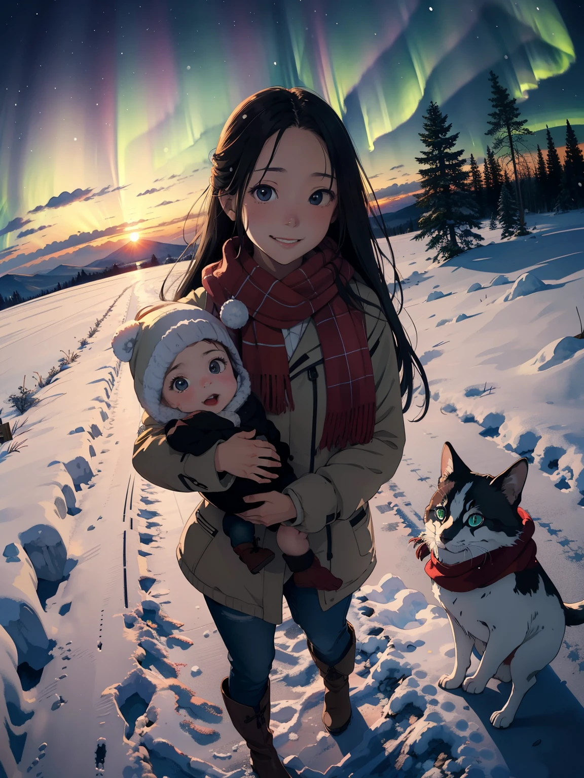 masterpiece， best quality，High image quality，( super flat， Flat Shading )， fisheye lens， beautiful petite trained young mother and her very cute little training daughter:1.25，  warm scarf，Christmas anime style outfit ，(naked)，Long Hair，  boots，smile, smile，White Breath:1.2，fun, play, winter, snow, 新snow，At dusk， beautiful sunset ， Aurora，Wide angle,     bright color , watercolor, Ghibli Style，Strong winds，    girl&#39;Lure，