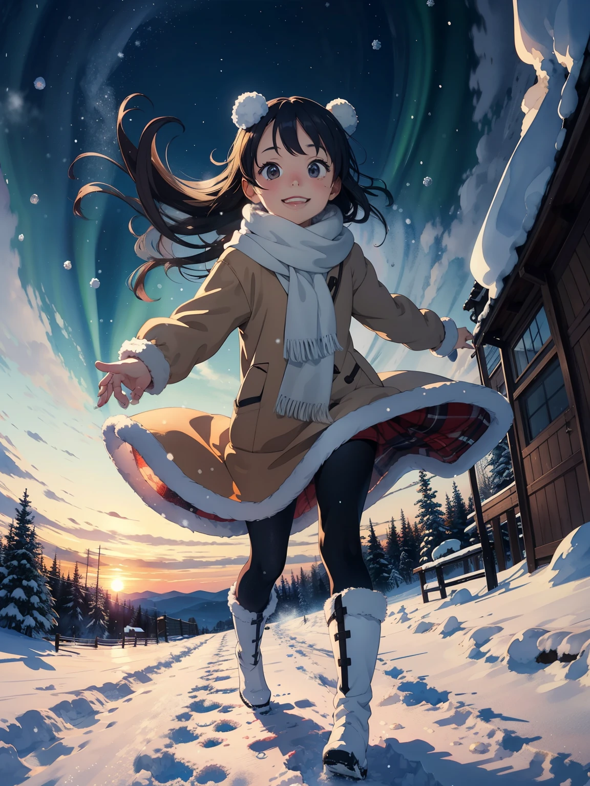 masterpiece， best quality，High image quality，( super flat， Flat Shading )， fisheye lens， beautiful petite trained young mother and her very cute little training daughter:1.25，  warm scarf，Christmas anime style outfit ，(naked)，Long Hair，  boots，smile, smile，White Breath:1.2，fun, play, winter, snow, 新snow，At dusk， beautiful sunset ， Aurora，Wide angle,     bright color , watercolor, Ghibli Style，Strong winds，    girl&#39;Lure，