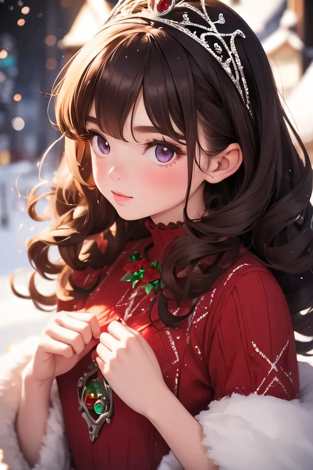    oconnor  ,   best quality,    girl, young ，cute ,   brunette  ,  Curly hair, evil    girl,   Christmas Dress，  tiara ， has long eyelashes， bright color， gentle warm colors ，snow，