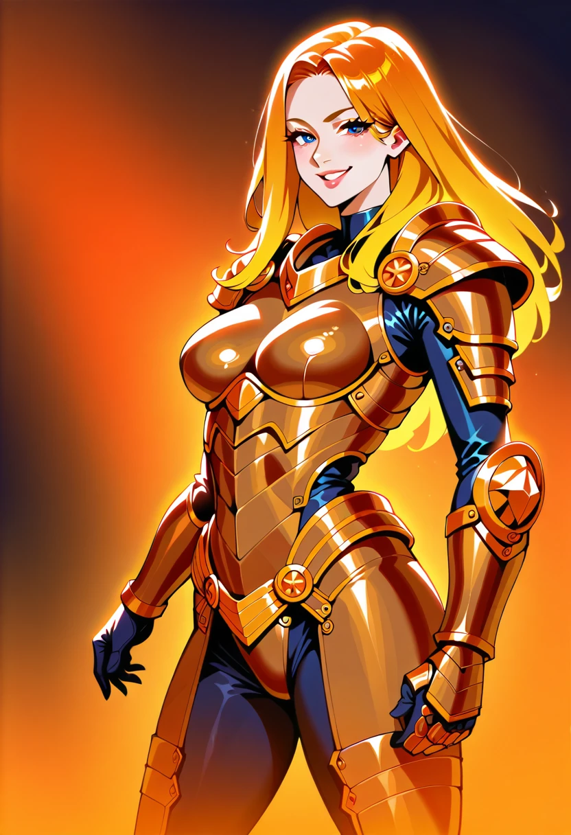 Masterpiece,best quality, 1girl,solo,smile,long hair,vector art,cowboy shot,((Marin Kitagawa)),gradient blonde hair,lineart,limited color palette,shoulder cannon, Parrley_armor, a woman in a suit of armor,with lights on ,wearing Parrley_armor, big bulky futuristic armor 