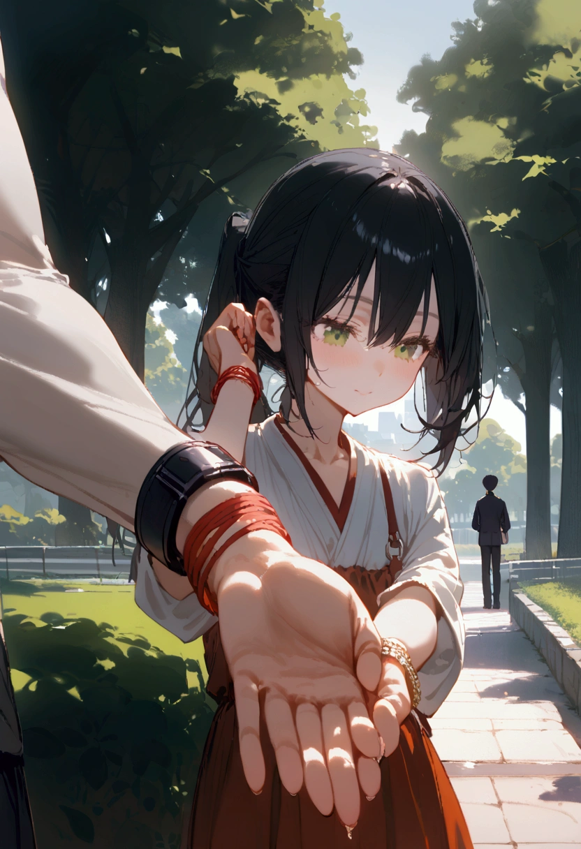 A tall, thin boy with black hair is giving her a bracelet From red thread to Miku Nakano In a quiet park.