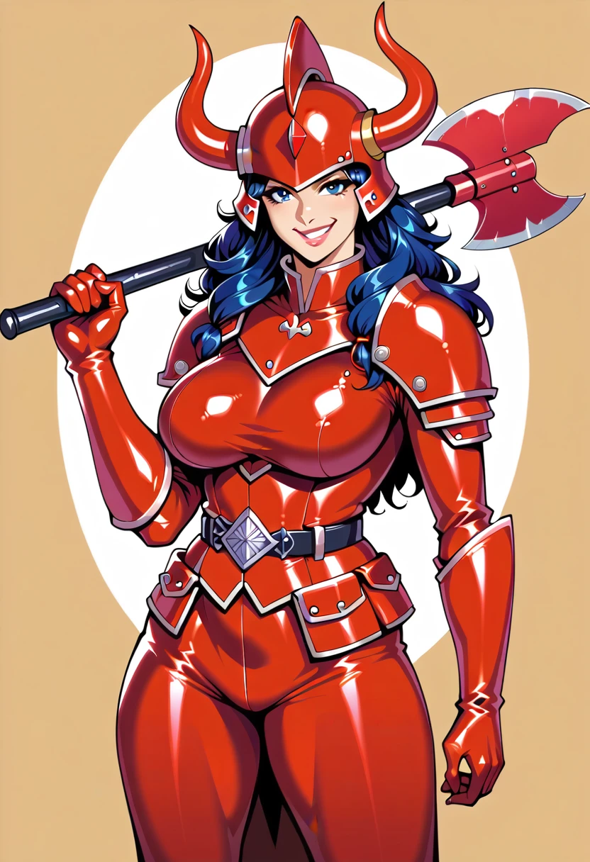 Masterpiece,best quality, 1girl,solo,smile,large breasts,long hair,vector art,cowboy shot,((Marin Kitagawa)), War_Glam, a woman in a red [dress|armor] with a horned helmet ,armored, wearing War_Glam,holding axe,centered 