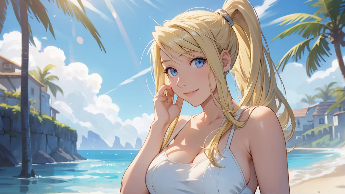 masterpiece, best quality, , 1girl, solo, looking at viewer, upper body, , , realistic, winry_rockbell, blonde hair, blue eyes, ponytail, , , The Island of Dreams: A place where all your deepest desires come true,((sexy))((big tits))smile