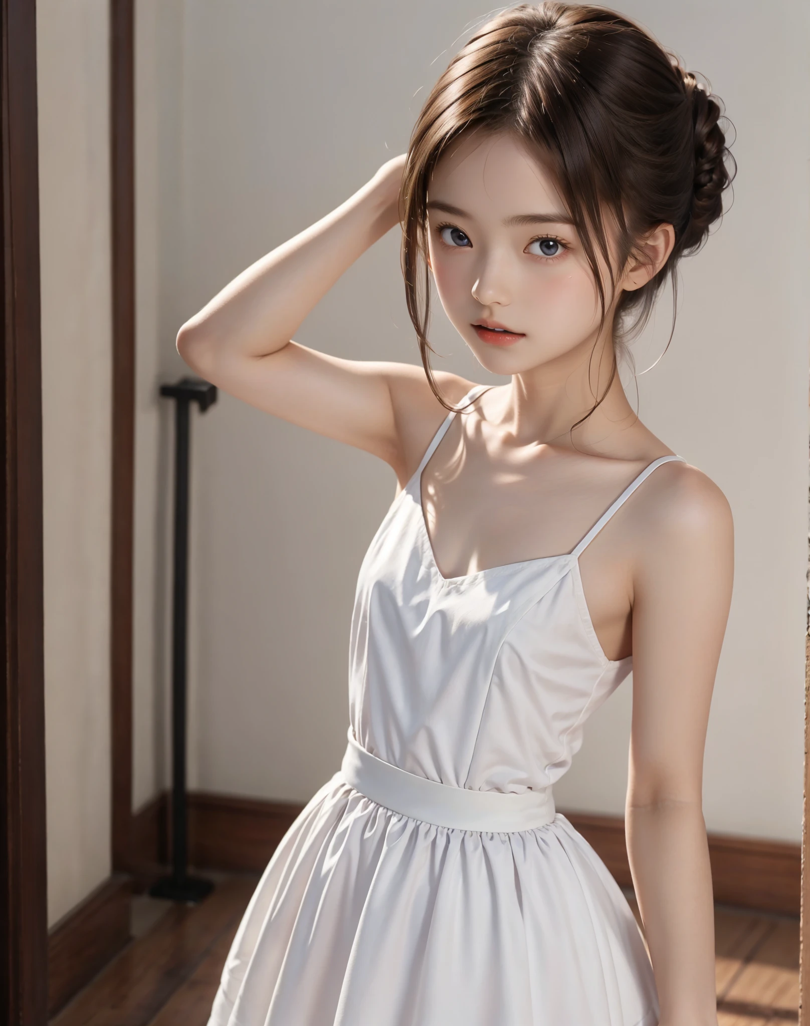 Maid,chignon hair,brown hair,slender body,cute pretty girl,masterpiece,high definition,4k,8k,16k