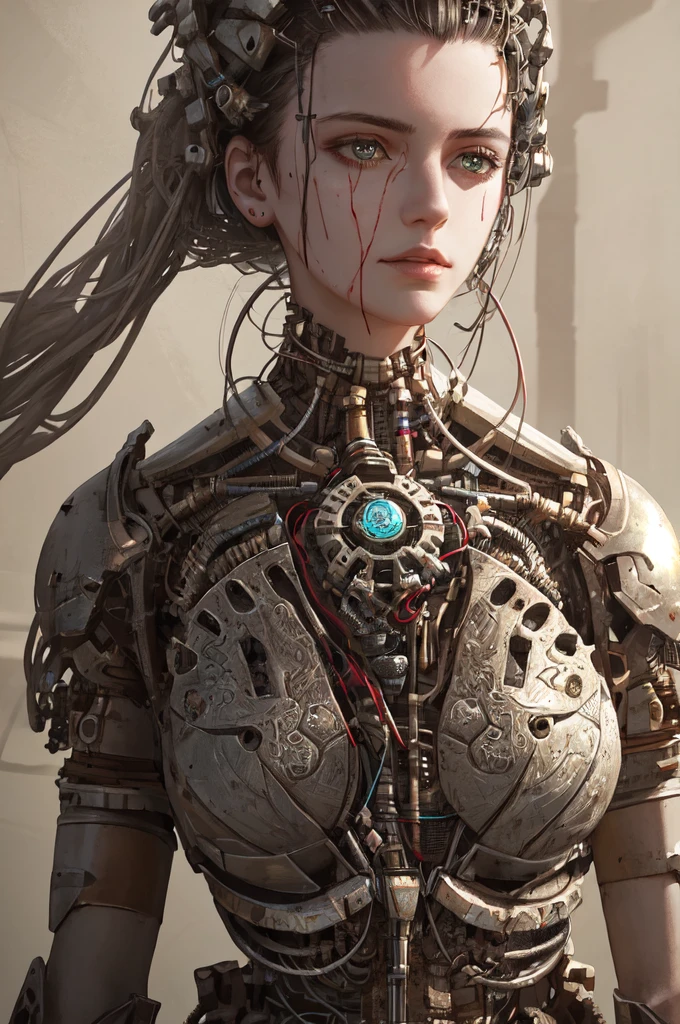 1mechanical girl,((ultra realistic details)), portrait, global illumination, shadows, octane render, 8k, ultra sharp,metal,intricate, ornaments detailed, cold colors, egypician detail, highly intricate details, realistic light, trending on cgsociety, glowing eyes, facing camera, neon details, machanical limbs,blood vessels connected to tubes,mechanical vertebra attaching to back,mechanical cervial attaching to neck,sitting,wires and cables connecting to head