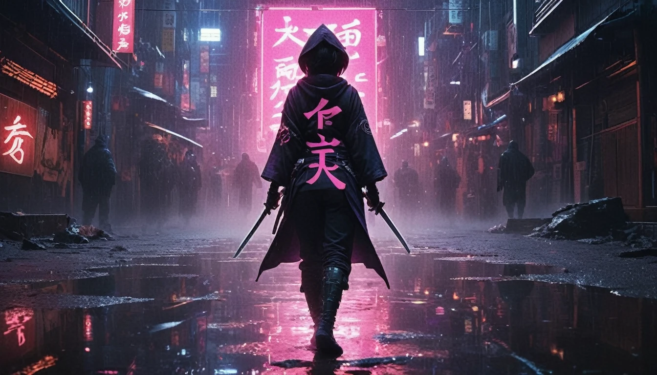 8k,masterpiece,best quality,when no one is around,cool back shot of a female ninja wearing a stylish and cute ninja hoodie maiko style showing off cleavage, with one eye covered with a black cloth like an eyepatch, stands alone, facing the viewer, holding a sword in one hand and a large, shining shuriken in the other. Behind her, a simple sign of a futuristic Japanese neon that shines in pink and purple is reflected in a large puddle. There is no one around.