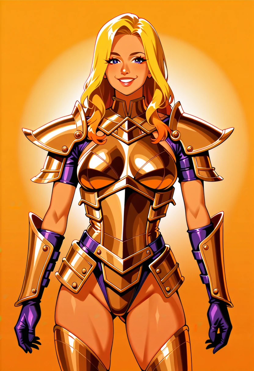 Masterpiece,best quality, 1girl,solo,smile,long hair,vector art,cowboy shot,((Marin Kitagawa)),gradient blonde hair,lineart,limited color palette, Parrley_armor, a woman in a suit of armor,with lights on ,wearing Parrley_armor, big bulky futuristic armor 