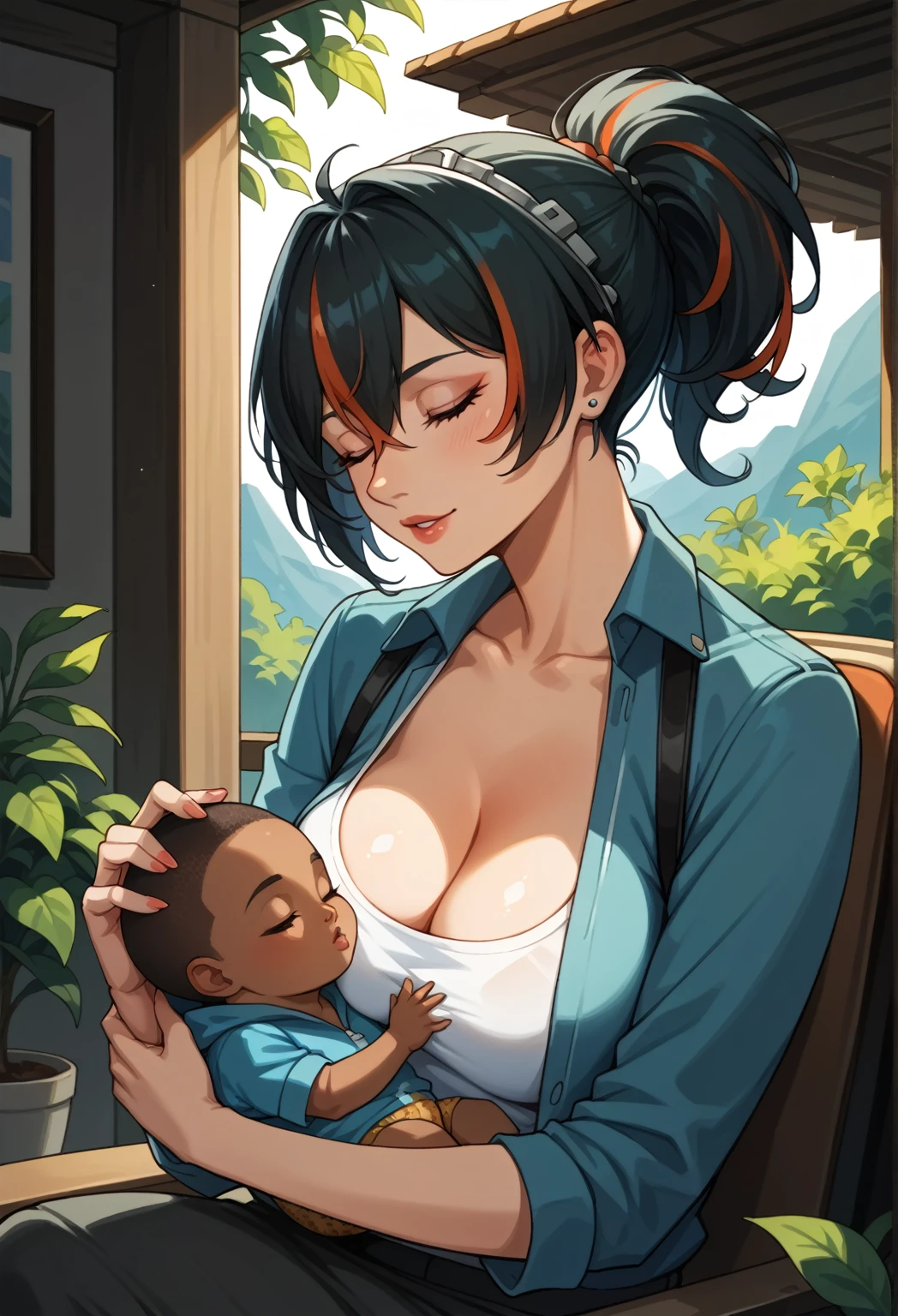 score_9,score_8_up,score_7_up,zhu_yuan, medium breasts, casual clothes, cleavage,  mother and baby, small girl,hugging up, baby, (((african baby))), interracial baby,