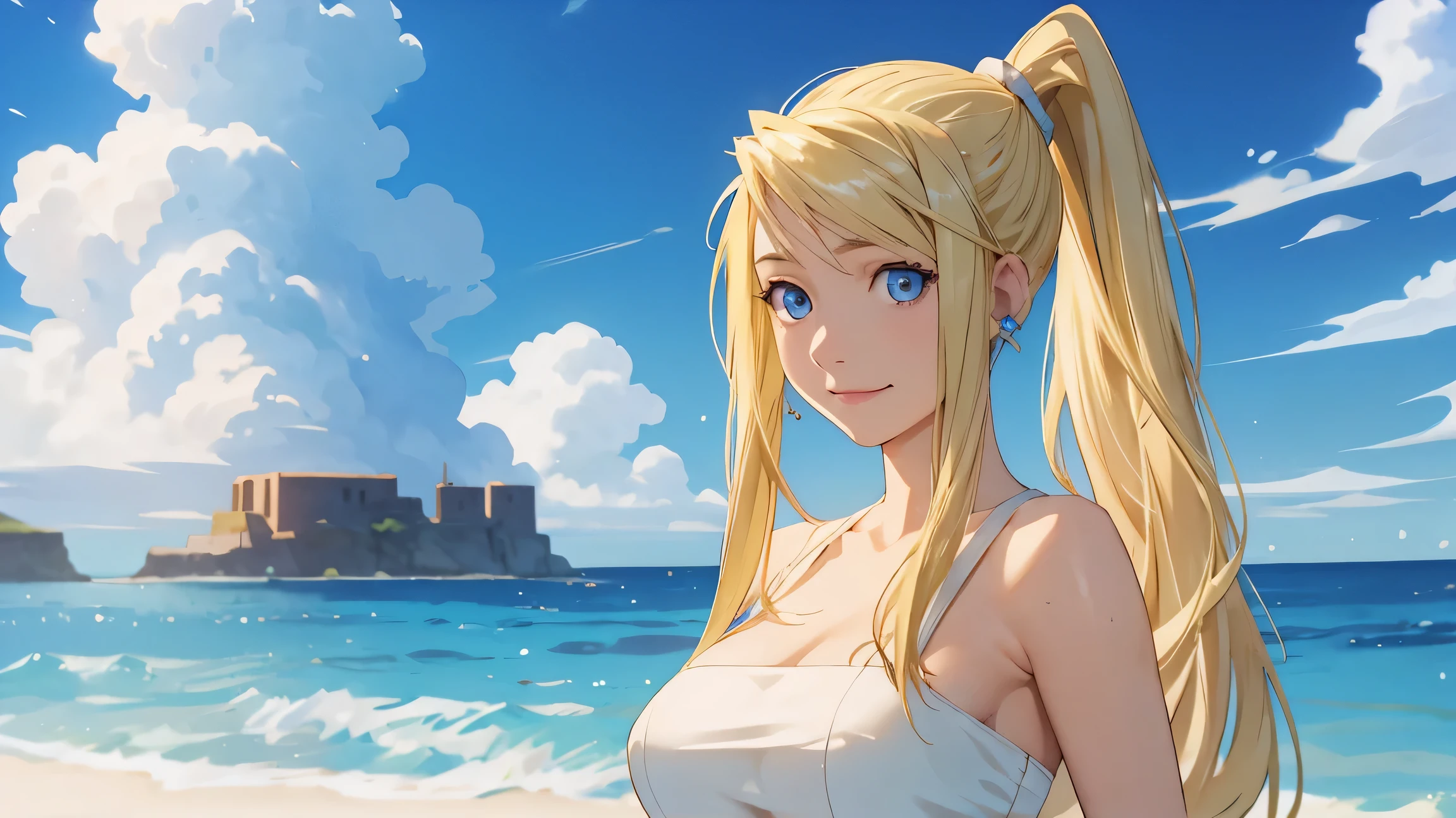 masterpiece, best quality, , 1girl, solo, looking at viewer, upper body, , , realistic, winry_rockbell, blonde hair, blue eyes, ponytail, , , The Island of Dreams: A place where all your deepest desires come true,((sexy))((big tits))smile