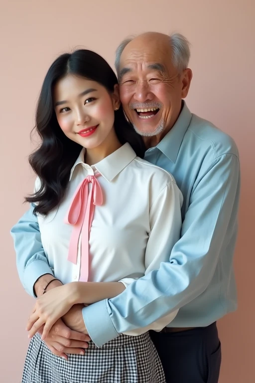 (masterpiece, best quality:1.2), portrait shot, 1 young teenage  Korean girl and 1 old malay man, smiling and hugging, looking at viewer, hand on hip, girl wear red color hijab, eyewear on head, girl wear pink winter outfit, man wear winter outfit ( pink color), man behind girl, blue background, studio background, family photography,